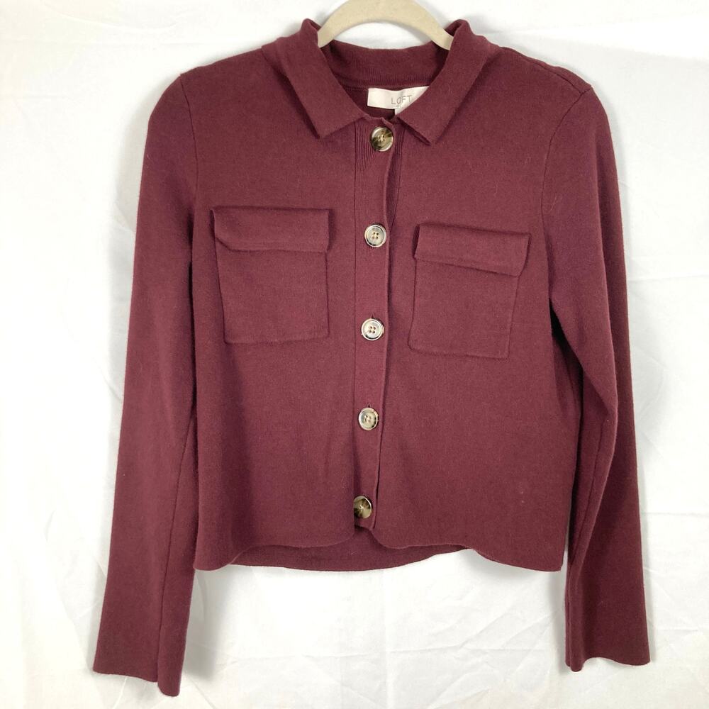 LOFT Burgundy Cropped Collared Sweater Jacket Size S Minimalist Preppy Cardigan